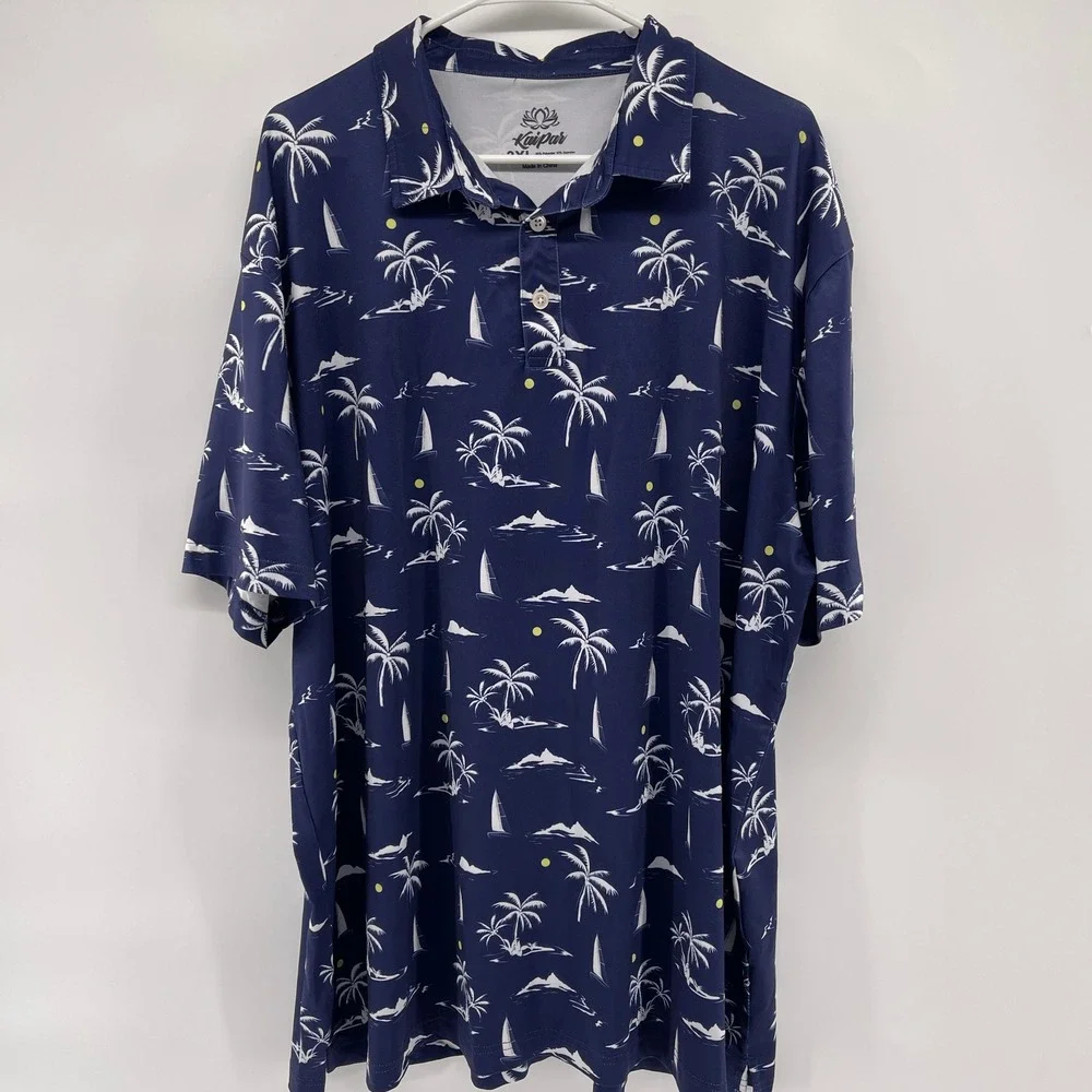 Kaipar Mens 3XL Navy Blue Tropical Palm Tree Sailboat Short Sleeve Polo Shirt - Picture 2 of 5